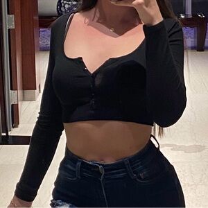 Black Long Button Up Sleeve Crop Top